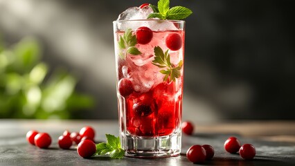 A refreshing glass of cranberry drink with ice, garnished with fresh mint leaves, set against a blurred natural background.