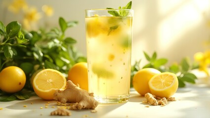 Refreshing ginger lemon iced tea in a glass with fresh lemon halves, ginger root, and green leaves on a sunlit surface.