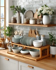 Organized kitchen bamboo holder setup high resolution picture