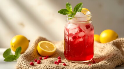 A refreshing red berry lemonade served in a glass jar with ice, garnished with mint and lemon, surrounded by fresh lemons and raspberries on a woven mat.