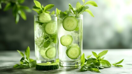 Two glasses of refreshing cucumber and mint infused water with fresh leaves, set on a wooden surface against a blurred green background.