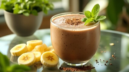 A creamy chocolate banana smoothie garnished with mint leaves, surrounded by sliced bananas on a reflective glass surface.
