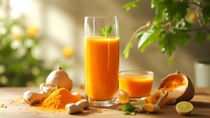 Fresh turmeric juice in a glass, surrounded by turmeric roots, powder, and a lime wedge on a bright, natural background.