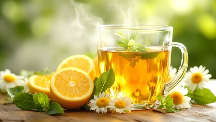 A steaming cup of herbal tea garnished with fresh mint leaves, surrounded by lemon halves and chamomile flowers on a rustic wooden surface.