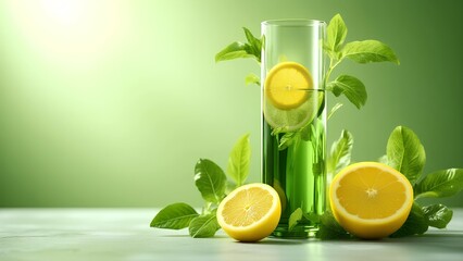 A tall glass of green juice garnished with lemon slices and fresh green leaves on a smooth surface with a soft green background.