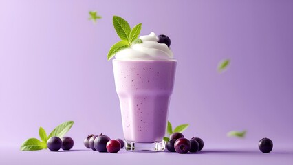 A creamy blueberry smoothie topped with whipped cream and a mint leaf, surrounded by fresh blueberries on a purple surface.
