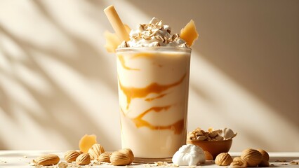 A creamy caramel milkshake topped with whipped cream and nuts, surrounded by almonds and almond pieces on a light background.