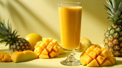 A tall glass of creamy mango smoothie surrounded by fresh mango cubes and whole pineapples on a light yellow background.