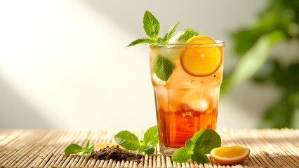 A refreshing iced tea garnished with mint leaves and orange slices, set on a bamboo mat with fresh mint and citrus in soft natural light.