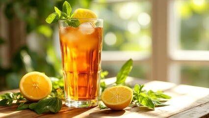 A refreshing glass of iced tea garnished with lemon slices and mint leaves sits on a wooden surface with a blurred natural background.