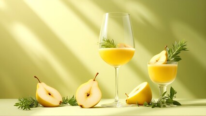 Two glasses of yellow pear drink with fresh pear slices and green herbs on a light green background.