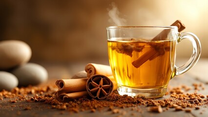 A warm cup of spiced tea with cinnamon sticks and star anise, surrounded by aromatic spices on a wooden surface.