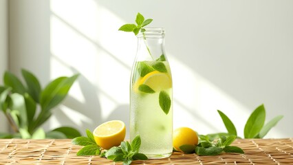 A clear glass bottle filled with lemon-infused water garnished with fresh mint leaves sits on a woven surface with bright, natural light and green plants in the background.