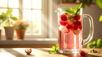 A glass pitcher filled with pink lychee-infused water garnished with fresh mint leaves sits on a sunlit wooden table near a window.
