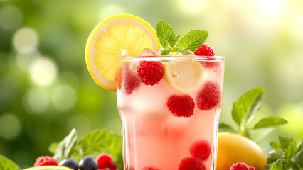 A refreshing glass of raspberry lemonade garnished with fresh mint and a lemon slice, surrounded by assorted fruits and greenery.