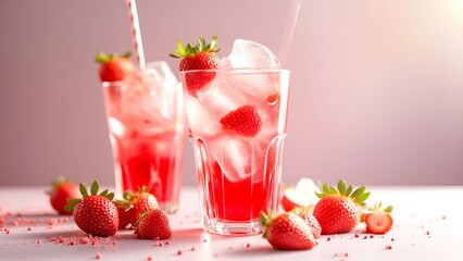 Two glasses of refreshing strawberry ice drink with fresh strawberries and crushed ice on a pink surface.