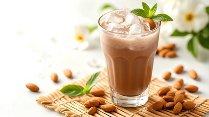 A refreshing glass of iced chocolate almond drink garnished with mint leaves, surrounded by whole almonds and white flowers on a woven mat.
