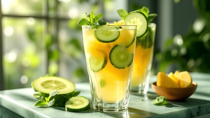 Two refreshing glasses of cucumber lemonade garnished with cucumber slices and mint leaves sit on a table bathed in natural light.