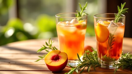 Two refreshing iced peach drinks garnished with rosemary, with fresh peaches and herbs on a wooden table in natural light.