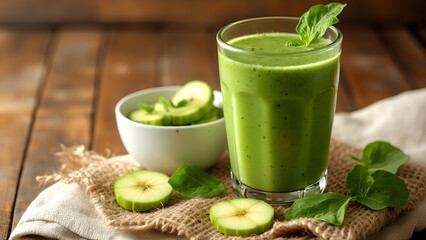 A fresh green smoothie garnished with basil leaves, surrounded by sliced cucumbers and spinach on a rustic wooden table.