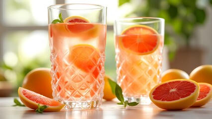 Two glasses of refreshing grapefruit juice garnished with mint and grapefruit slices, surrounded by fresh grapefruits on a wooden table.