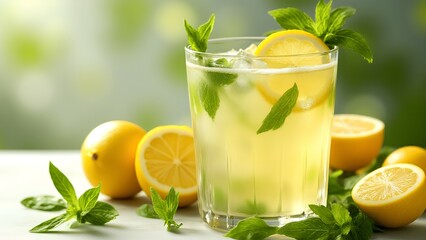 A refreshing glass of iced lemonade garnished with mint leaves, surrounded by fresh lemons and green leaves on a bright, blurred background.