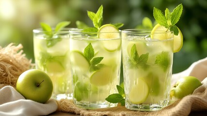 Three glasses of refreshing lime and mint-infused water are beautifully presented with fresh lime slices and mint leaves on a natural, cozy background.