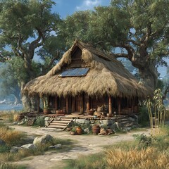 Rural wooden hut in jungle setting high resolution picture