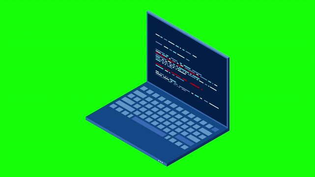 Isometric laptop animation. 3d isometric laptop computer. Abstract programming language and program code on a laptop screen. 4K video animated in isometric style