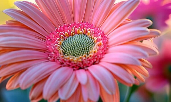 Close Up Pale Pink Gerbera Daisy Flower Dark Center Highlighted by Bokeh Lights on Floral Background