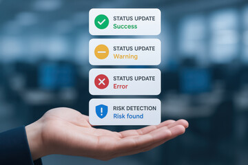 Automatic ai task status update success warning error and risk detection icons floating above hand in office