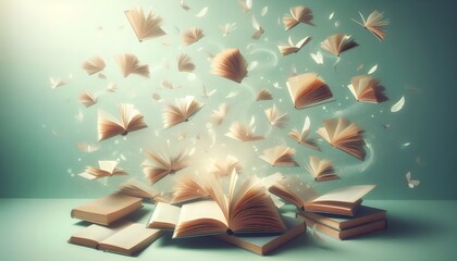 Soft pastel mint backdrop frames airborne books in elegant gentle flight with light pages and magical atmosphere
