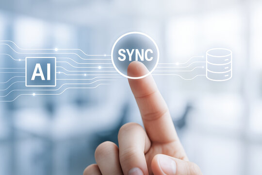 Automatic ai task synchronization concept with finger pressing sync button on digital interface for data connection and network
