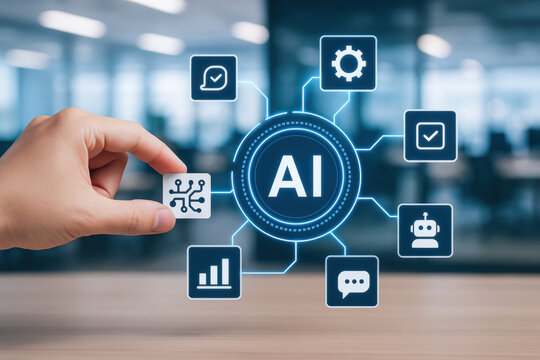 Artificial intelligence concept with hand placing chip symbolizing automatic task management using ai technology in modern office setting