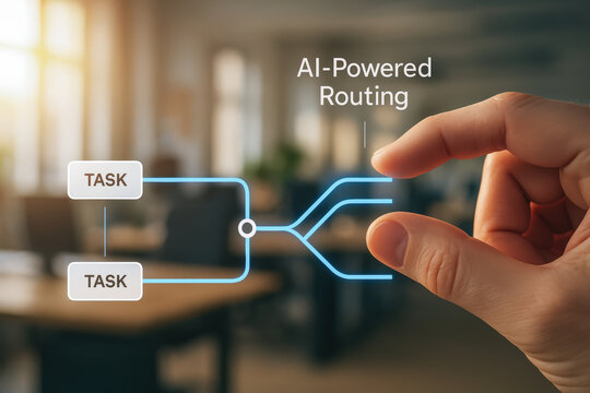 AI powered automatic task routing concept with hand controlling digital flowchart in office environment