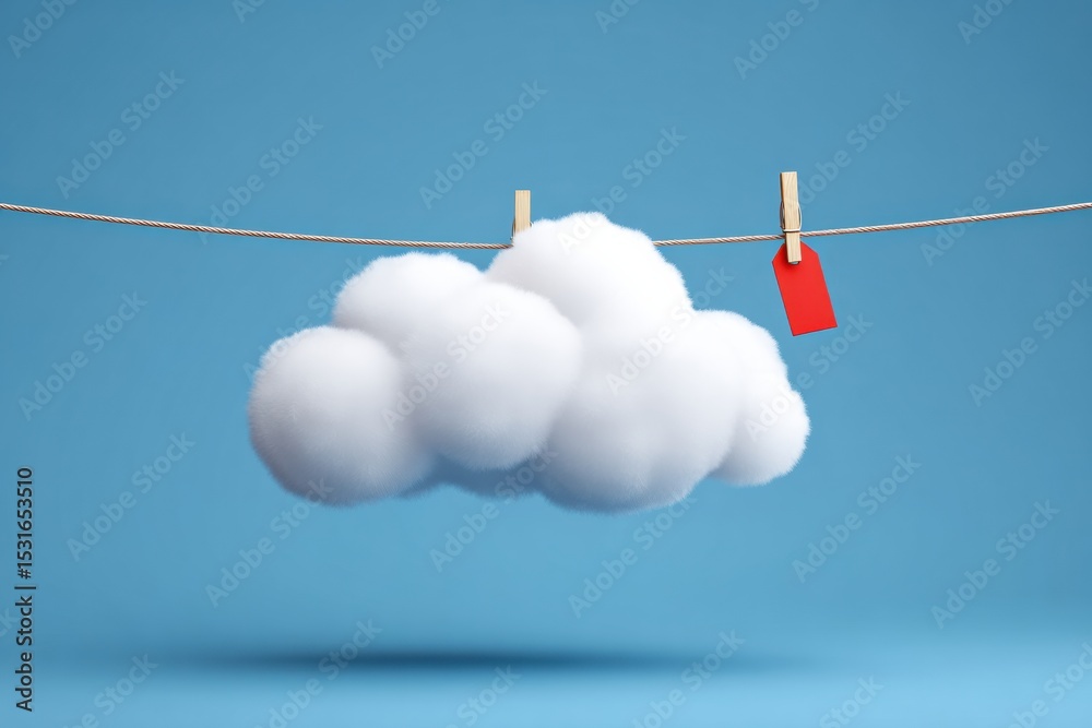 Poster suspended cloud sync symbol with malfunction tag against a minimalistic blue background