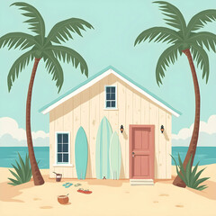Beach cottage with surfboards under palm trees by the ocean  
