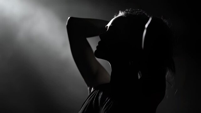 Professional model showcasing sensual pose under dramatic stage lighting, transitioning through nuanced color temperature gradients from warm orange tones to cool blue hues