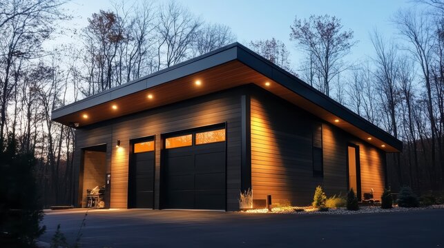 Modern dark wood detached garage with double doors illuminated at dusk.