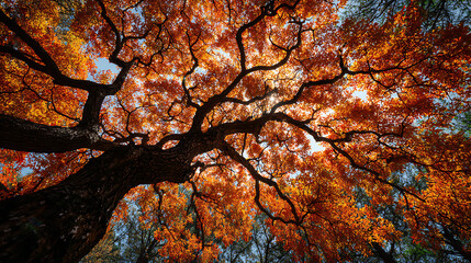 Backlit Tree Canopy In Jirisan Autumn Forest, Perfect For Vivid Visuals And Nature Scenes