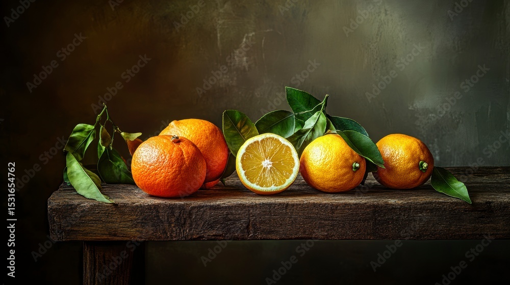 Aufkleber still life of oranges and lemon on rustic wooden table.
