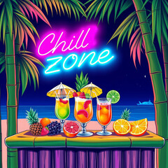 Tropical cocktails with fruits in vibrant chill zone setting  