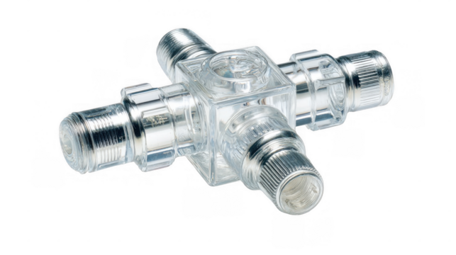 Four way coaxial cable splitter distributing signals, featuring a transparent plastic casing and metallic connectors, isolated on a transparent background