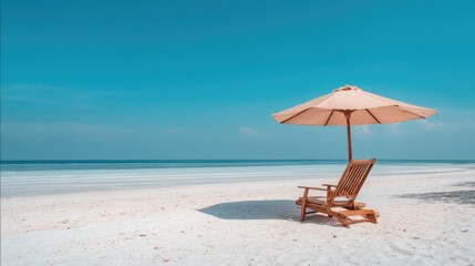 Beach Day Dream: A sun-drenched beach scene with an inviting empty chair and umbrella offers serenity, relaxation, and escape on pristine white sand.