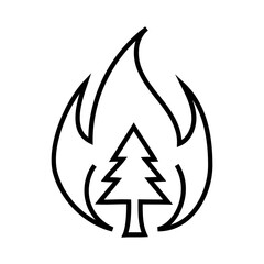 Fire tree icon. Burning forest symbol. Black flame design. White background.