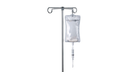 Iv drip filled with saline solution, suspended on a metal pole, isolated against a transparent background, prepared for infusion therapy in a healthcare environment