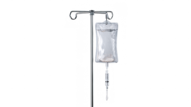 Iv drip filled with saline solution, suspended on a metal pole, isolated against a transparent background, prepared for infusion therapy in a healthcare environment