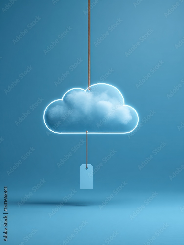 Poster suspended cloud sync symbol with malfunction tag against a minimalistic blue background