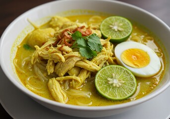 Delicious Indonesian Soto Ayam Soup with Lime, Egg, and Garnishes in a Bowl