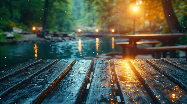 Lakeside picnic table, blurred lights & trees beyond